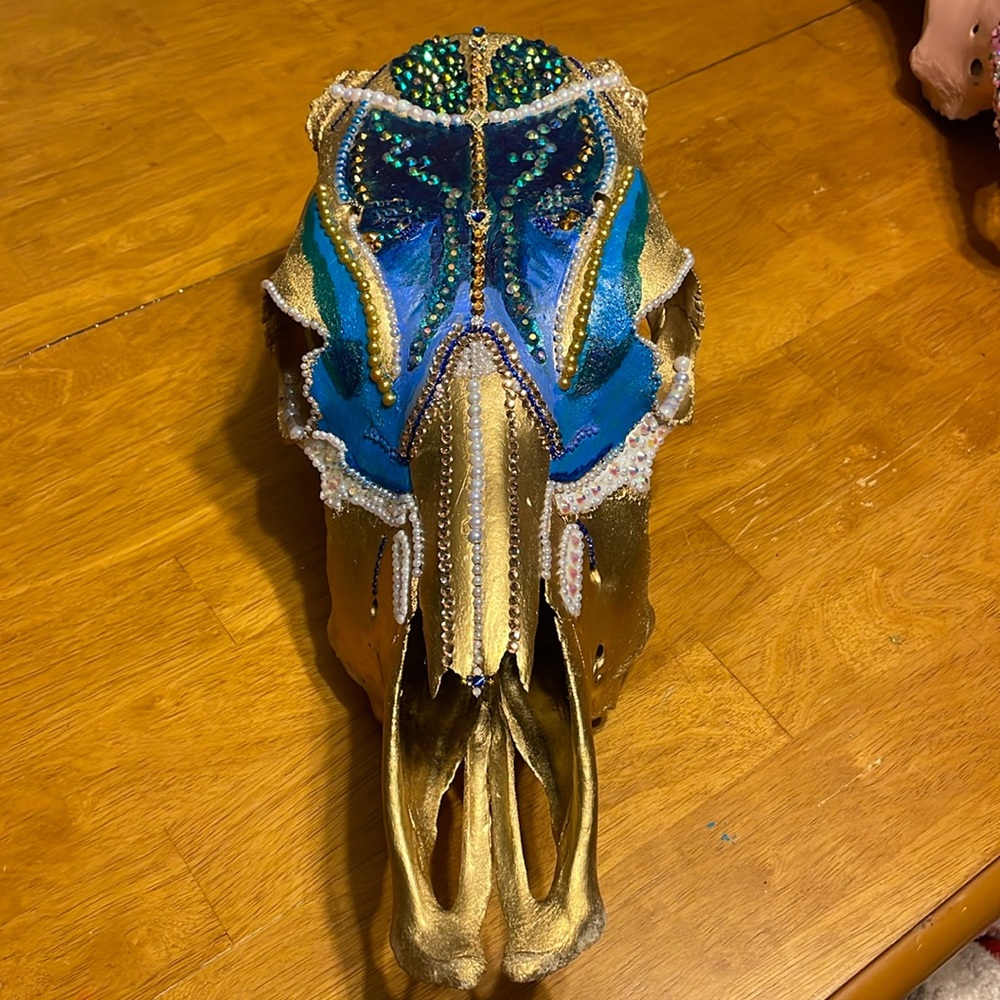 Hand painted and rhinestones place by hand.
